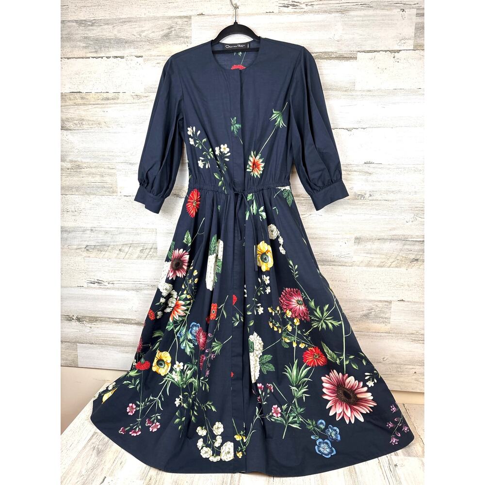 Oscar De La Renta Womens 4 Navy Botanical Floral Cotton Midi Dress Belted NEW